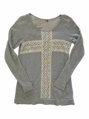 Lightweight Pullover Women Small Gray Cream Lace Tunic Top Terry Long Sleeves